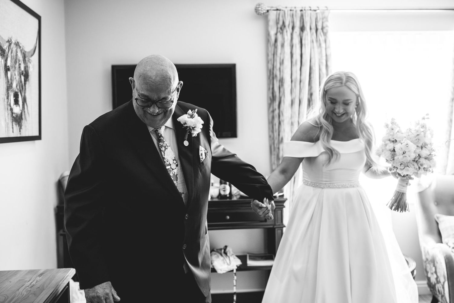 Emotional father and bride moment at Peak Edge Hotel wedding, Chesterfield, Derbyshire barn ceremony photography