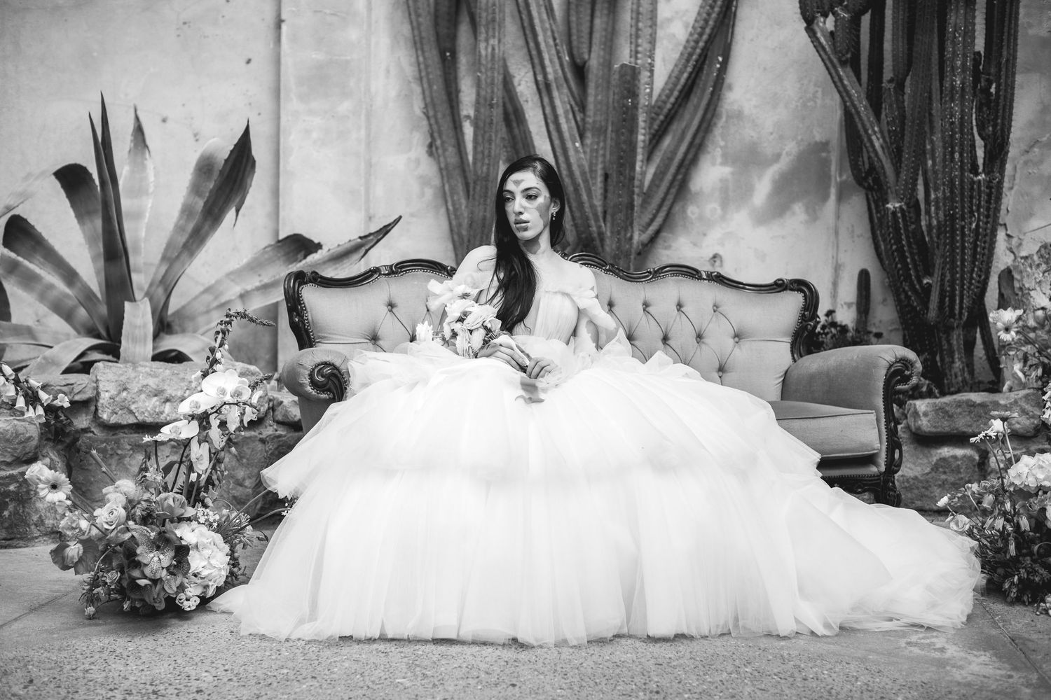 Editorial bridal portrait at Syon Park London, timeless black and white wedding photography in historic conservatory