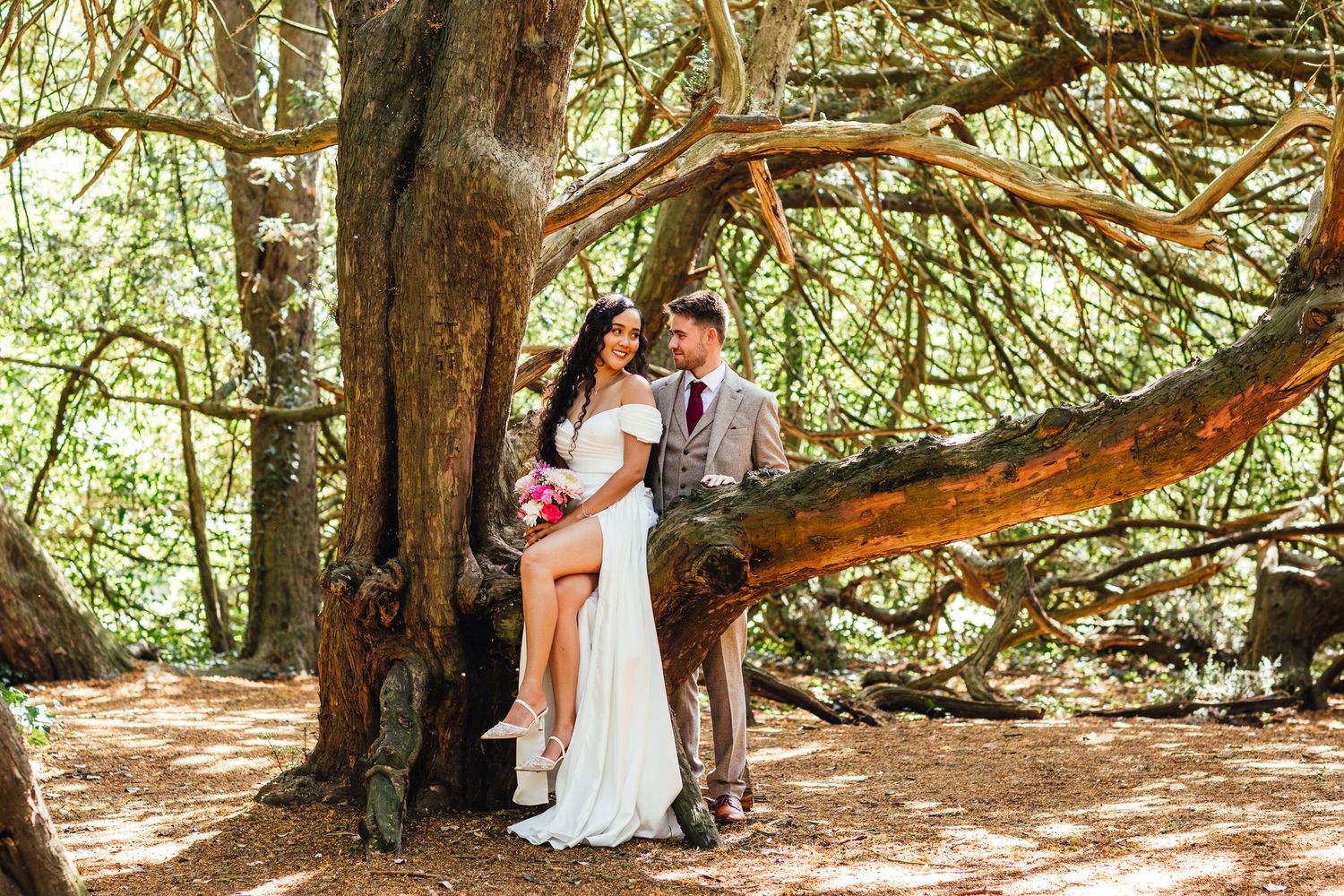 Romantic woodland couple portrait at Bosworth Hall wedding, natural light documentary photography