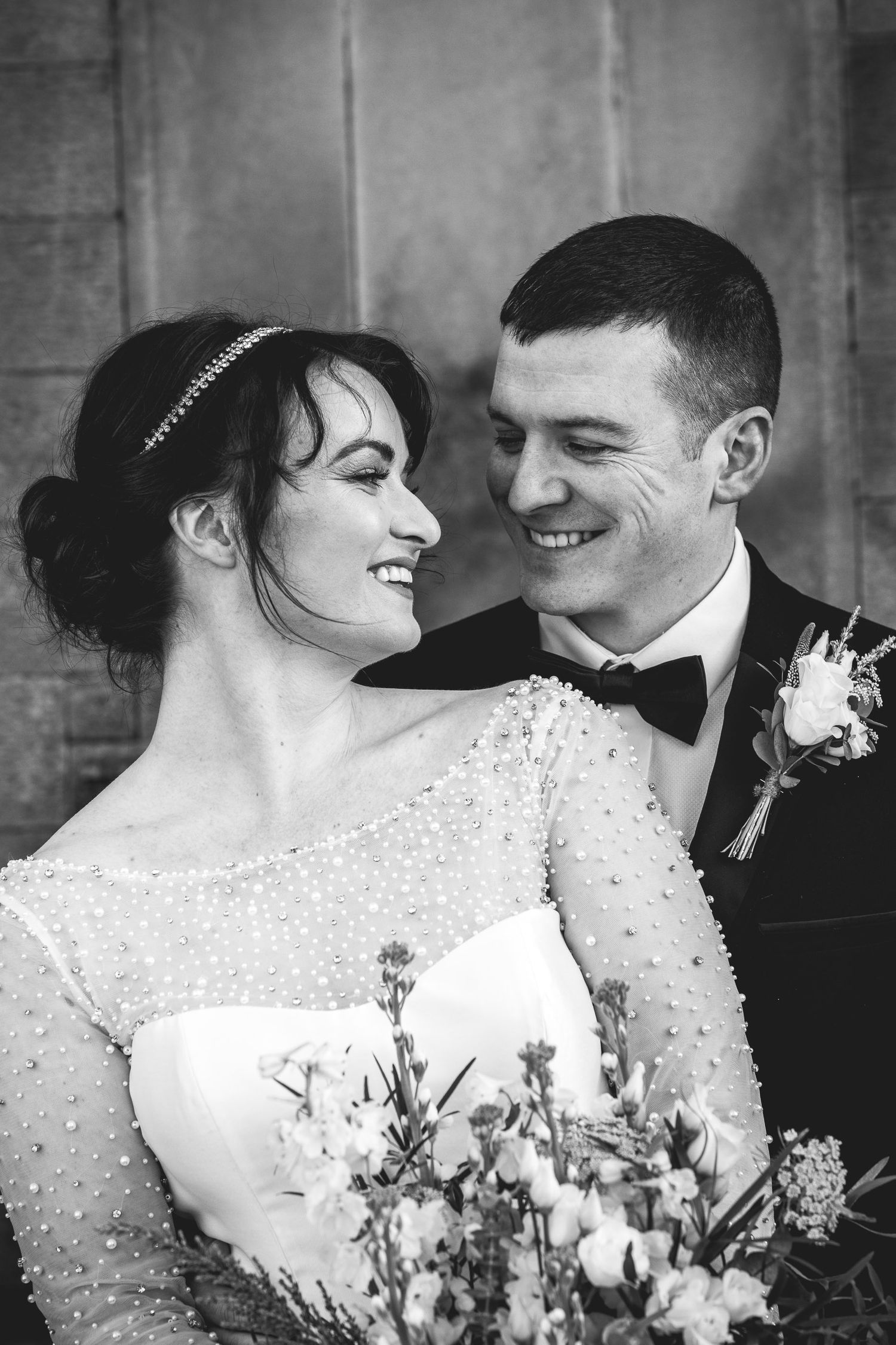 Black and white couple portrait at Falcon Manor Settle, elegant North Yorkshire country house wedding photography