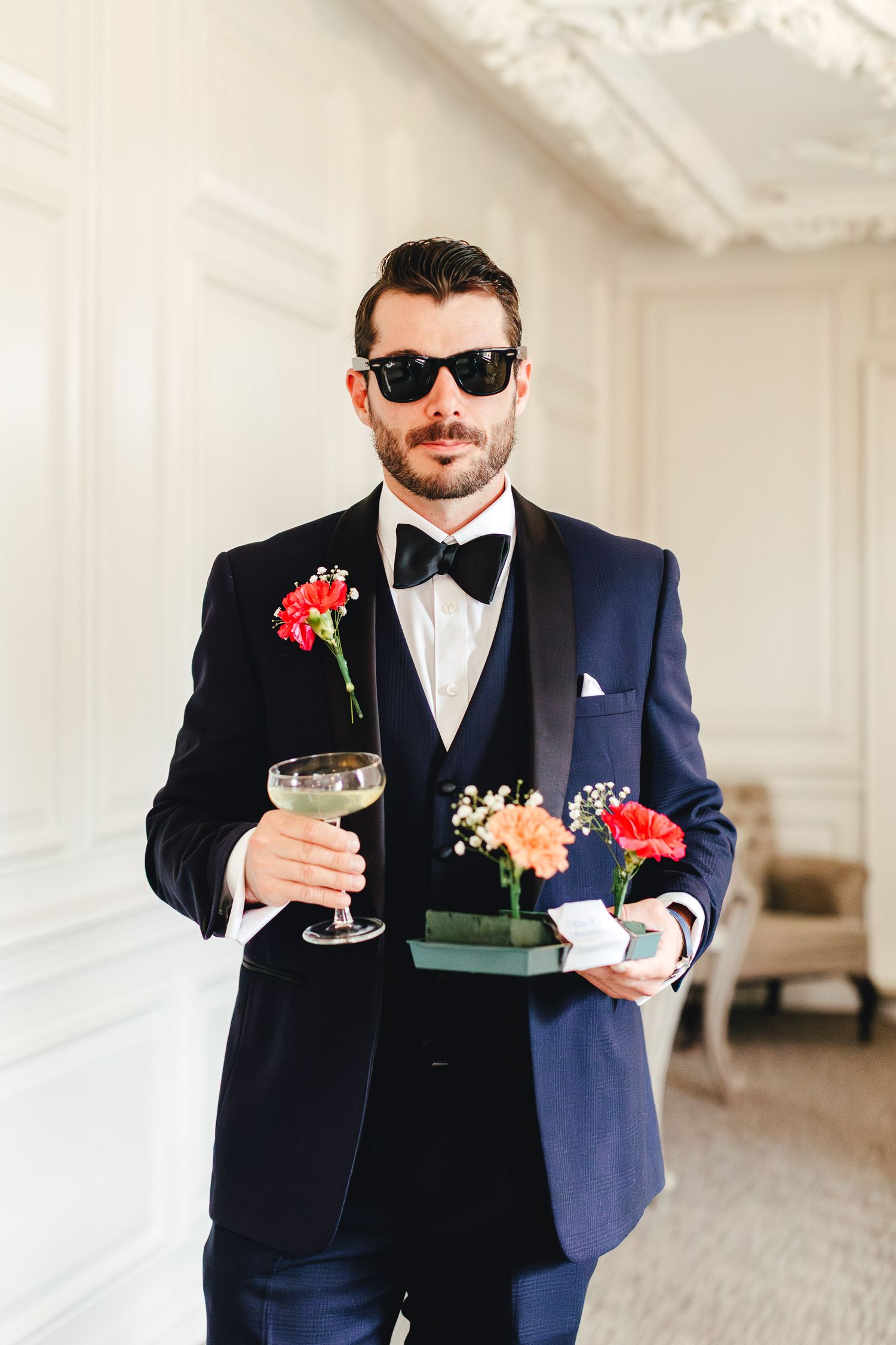 Barnett Hill Hotel Surrey groom portrait, modern summer country house wedding photography