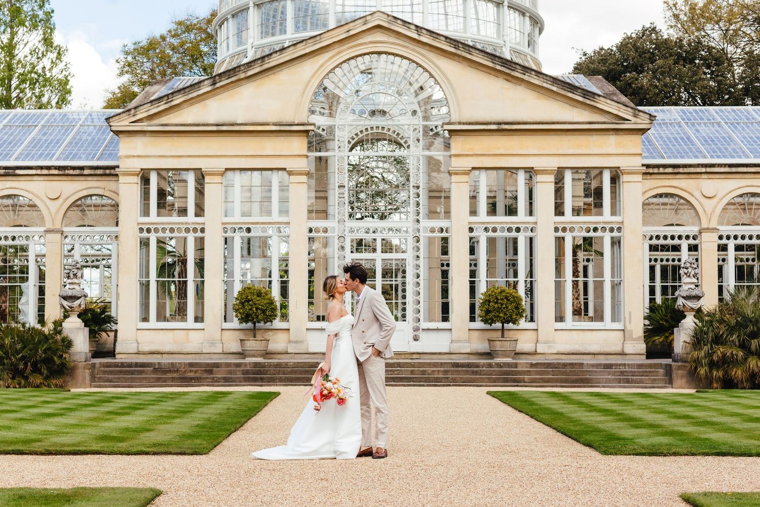 Syon Park London wedding photography, elegant spring couple portrait outside the Great Conservatory
