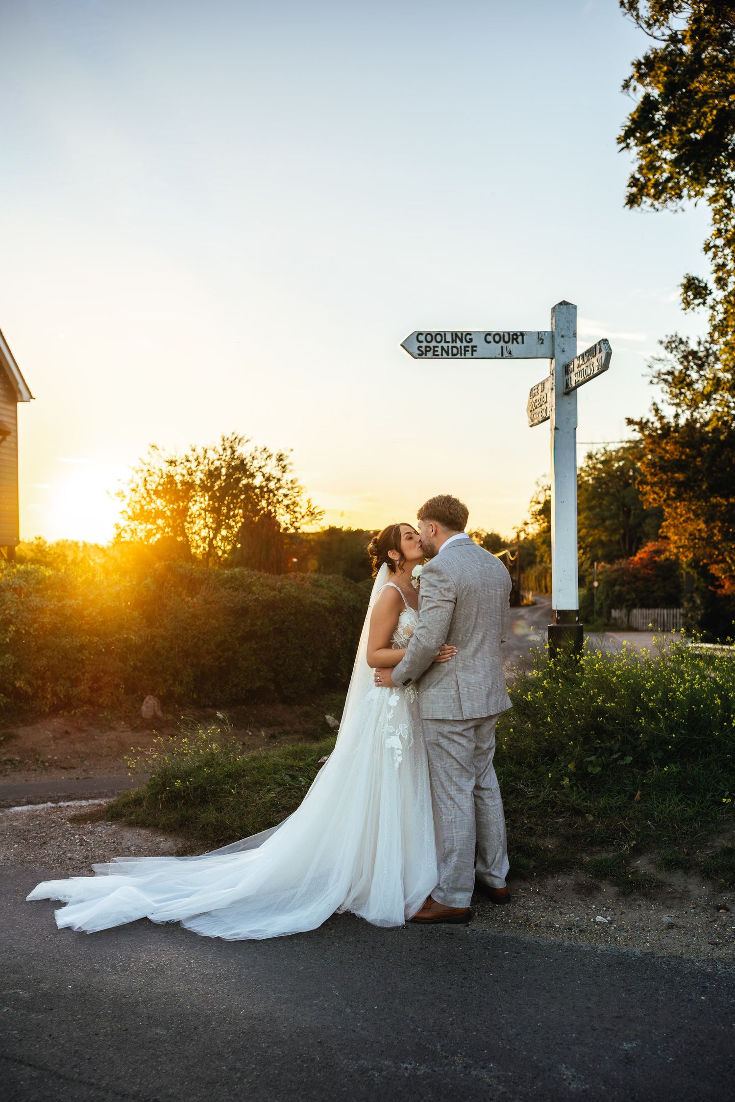 Golden hour wedding portrait at Cooling Castle Barn in Kent