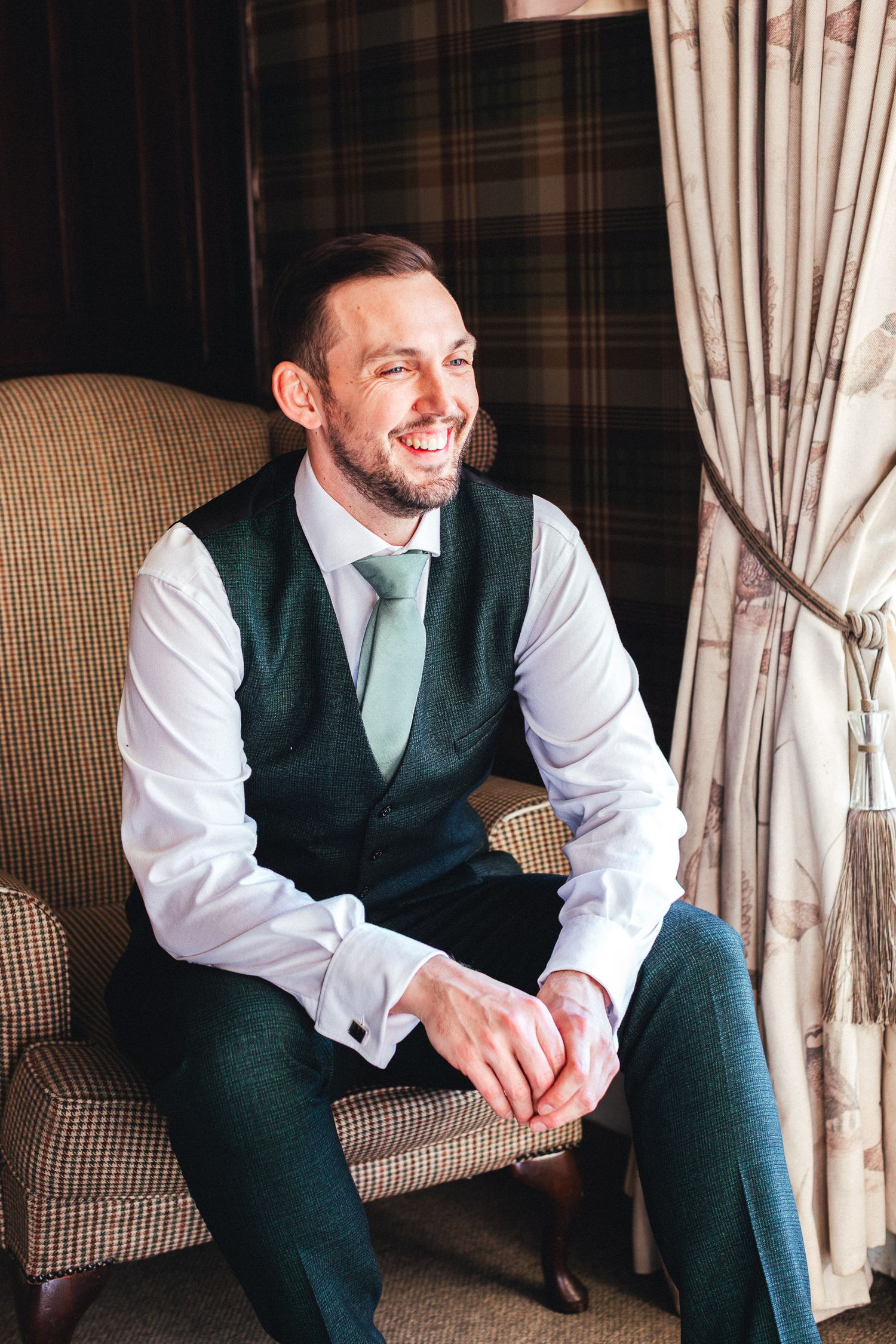 Relaxed groom preparation at Falcon Manor wedding in Settle, documentary style North Yorkshire wedding photography