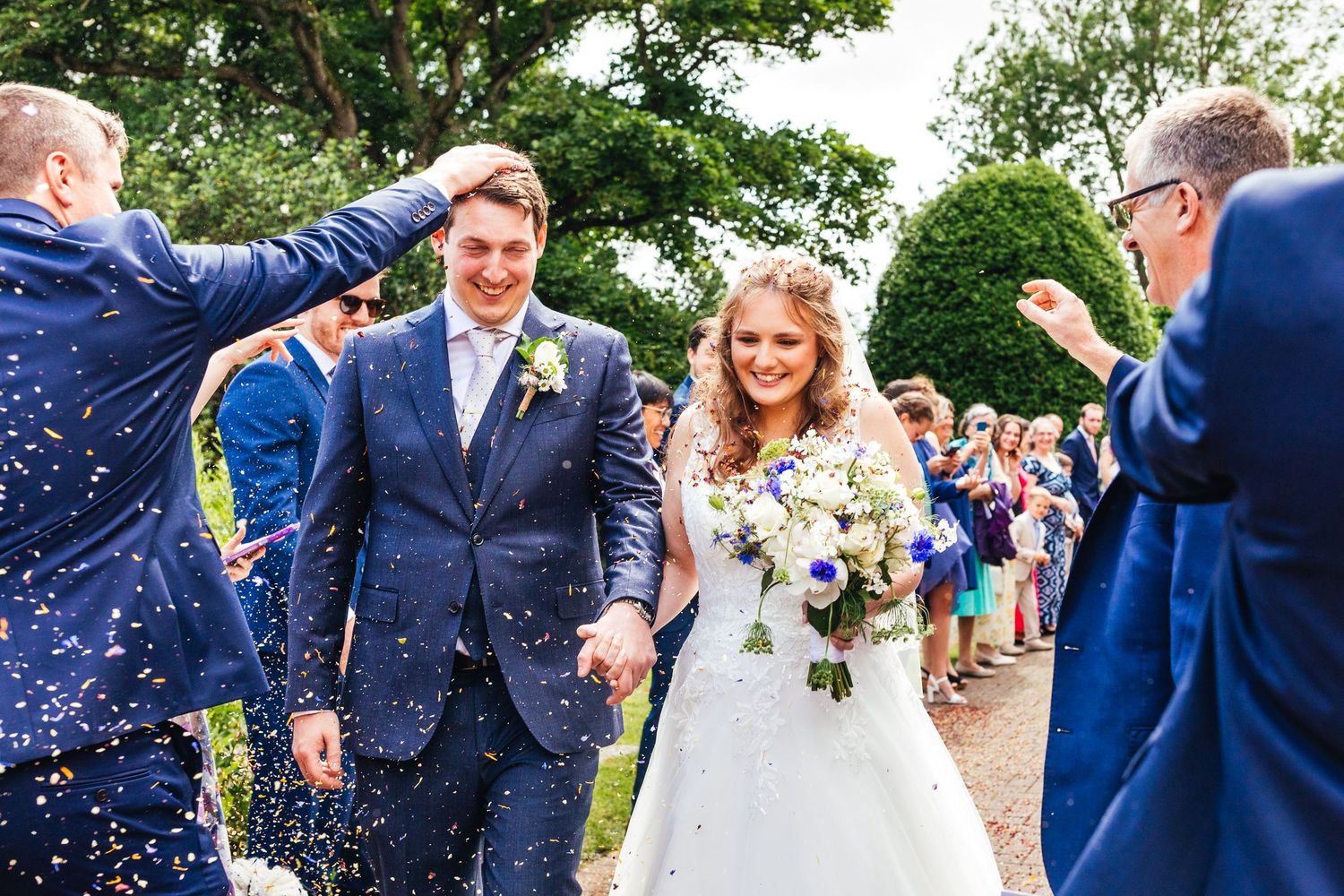 Confetti moment at a countryside wedding in Derbyshire