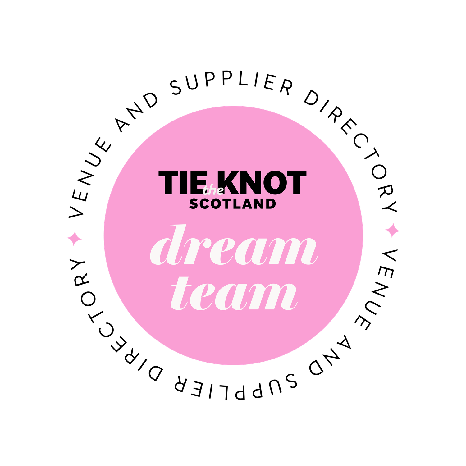 Tie the Knot Scotland Dream Team venue and supplier directory badge in pink and black.