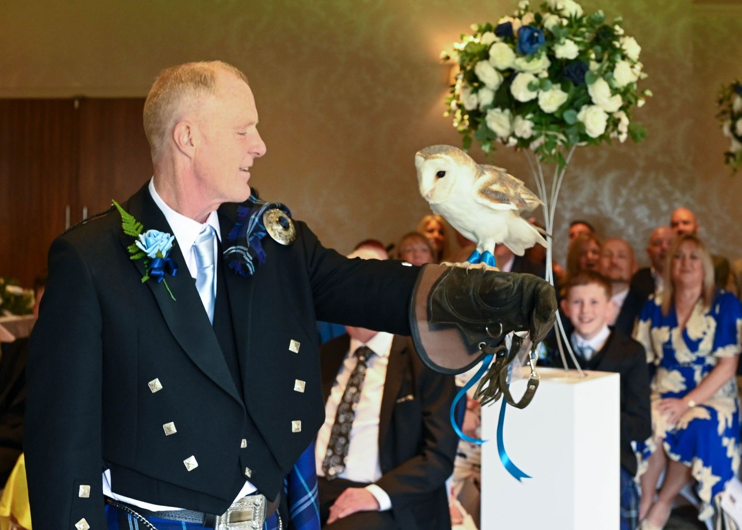 A formal wedding ceremony with Ghost the owl. Dalziel Park, Motherwell