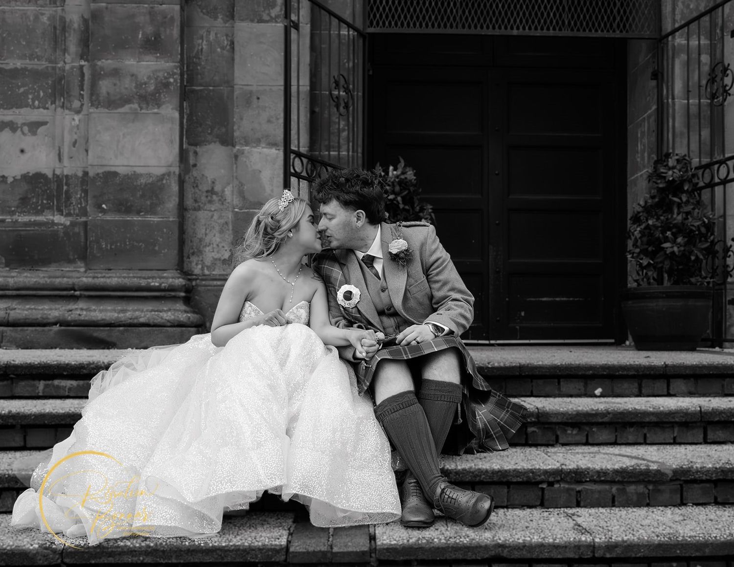 Black and white wedding photo collage showing romantic couples sitting together outdoors in vintage style poses at St Jude's Glasgow