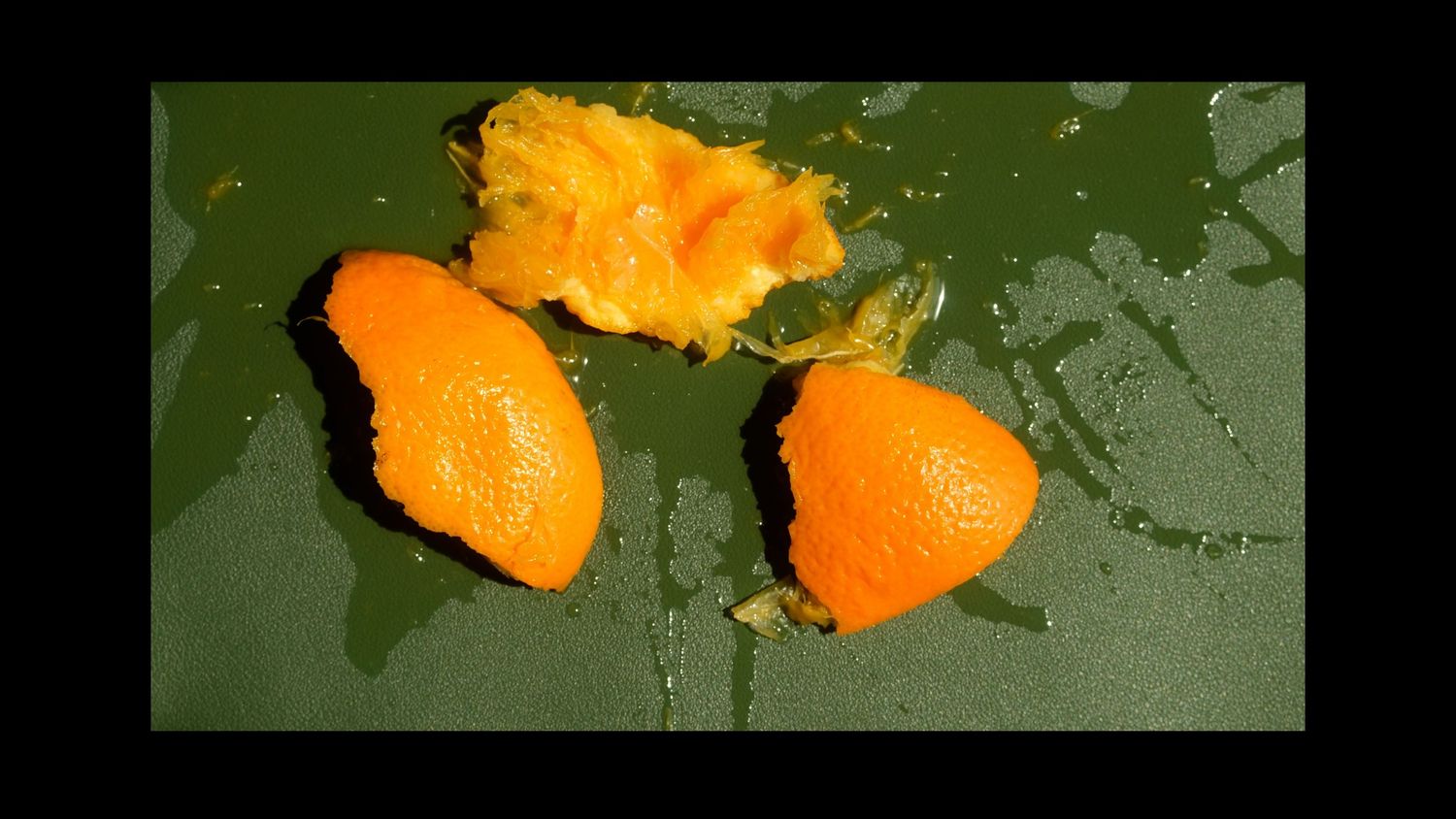 Orange squished on a green mat with a thick black border