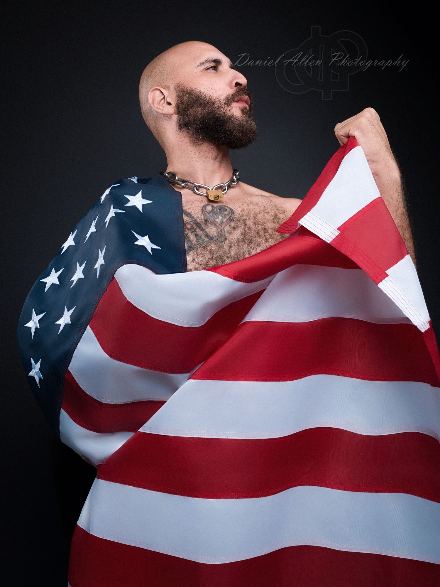 Dynamic poses with American flag creating movement and dramatic effect in studio setting.