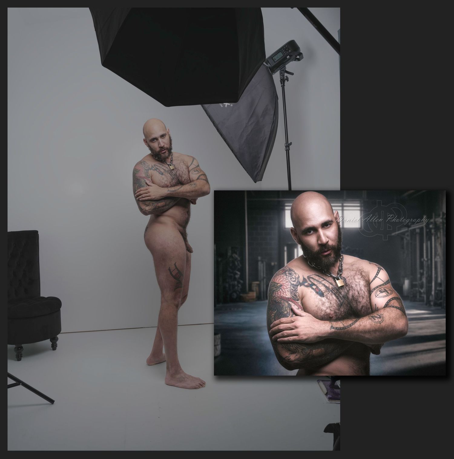 Artistic black and white studio portraits showing a person in various poses against a minimalist background.