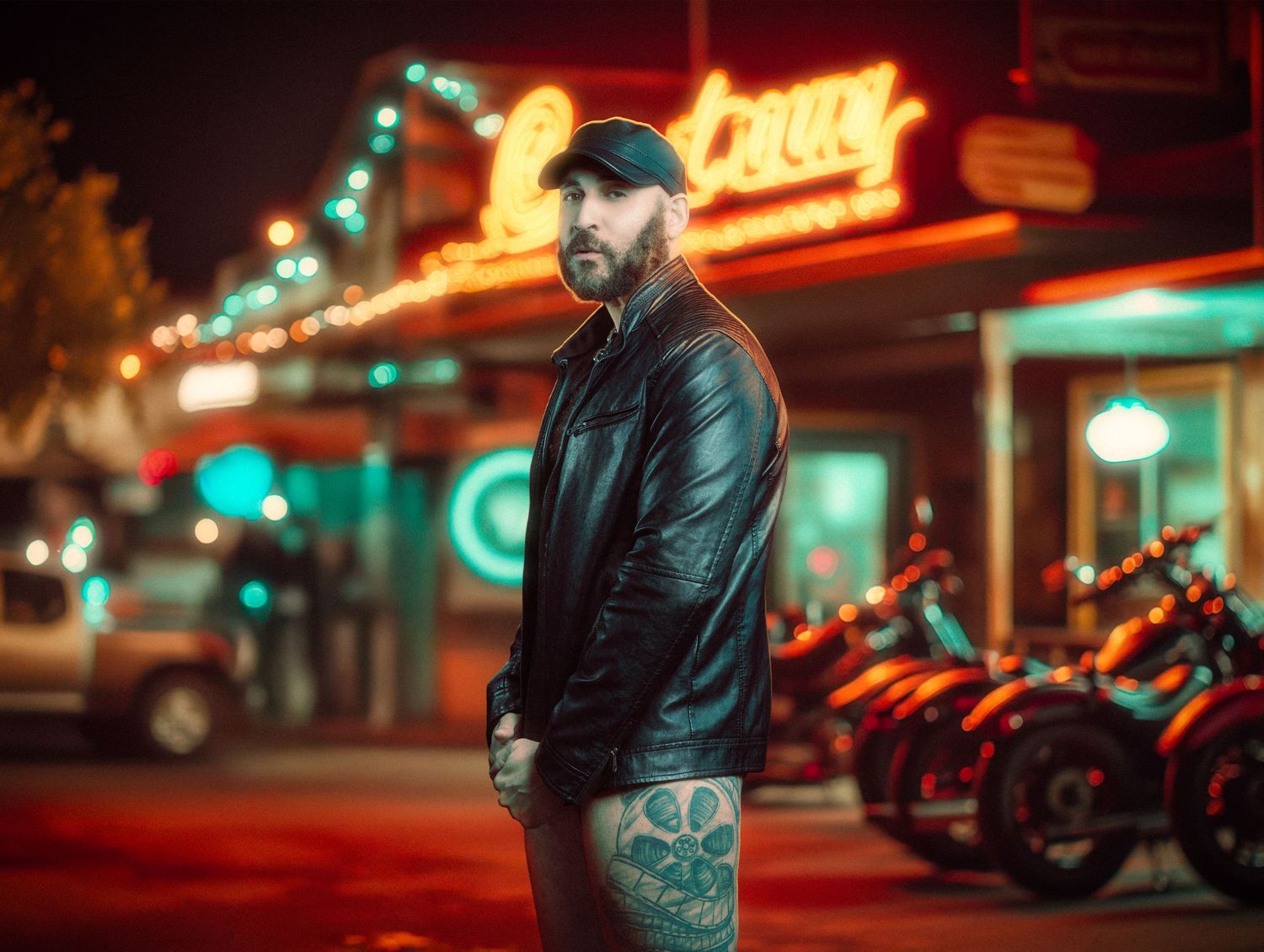 Street scene at night with vibrant neon signs and motorcycles creating a moody atmosphere.
