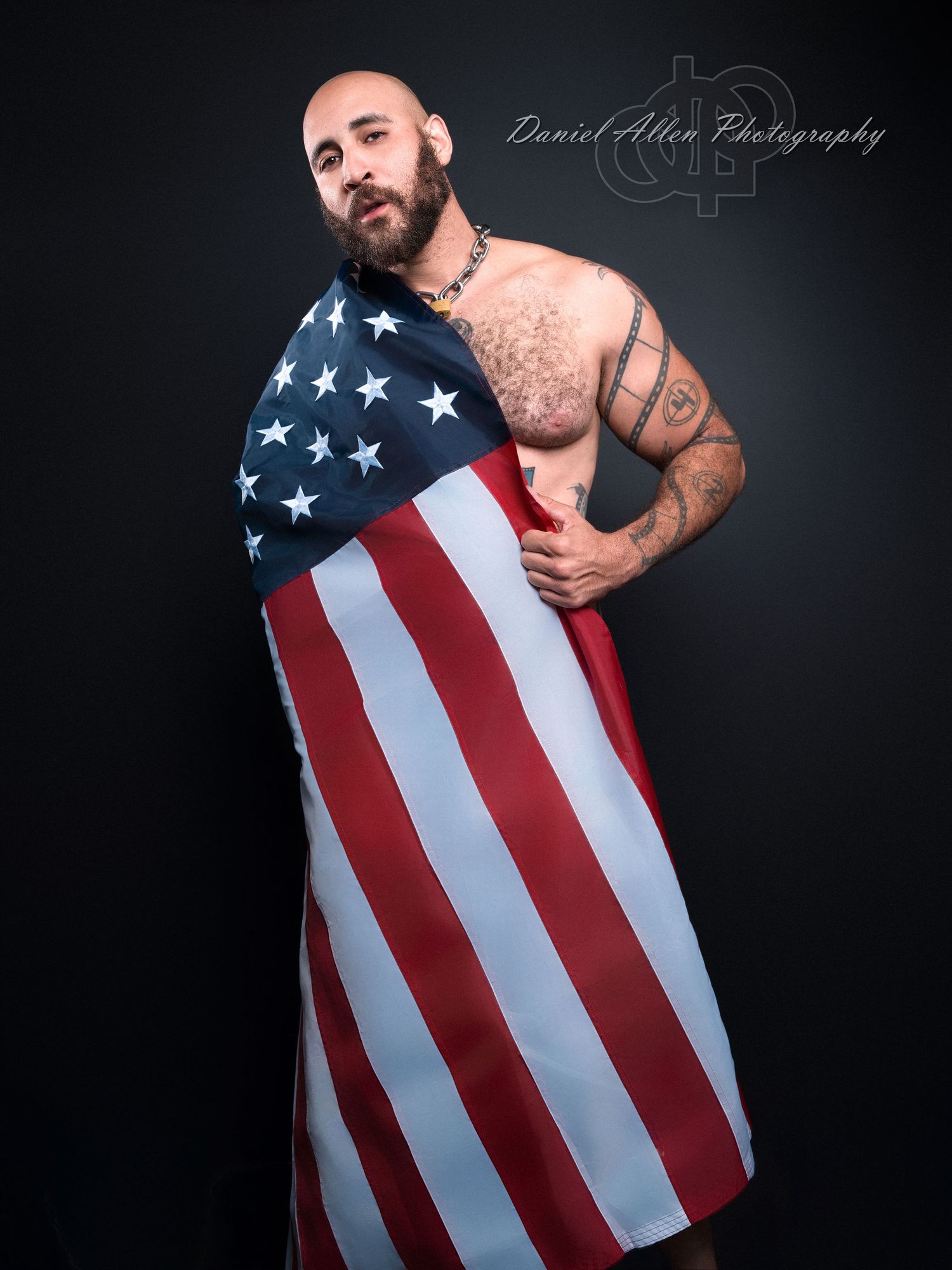 Studio photography sequence with American flag creating patriotic imagery against dark backdrop.