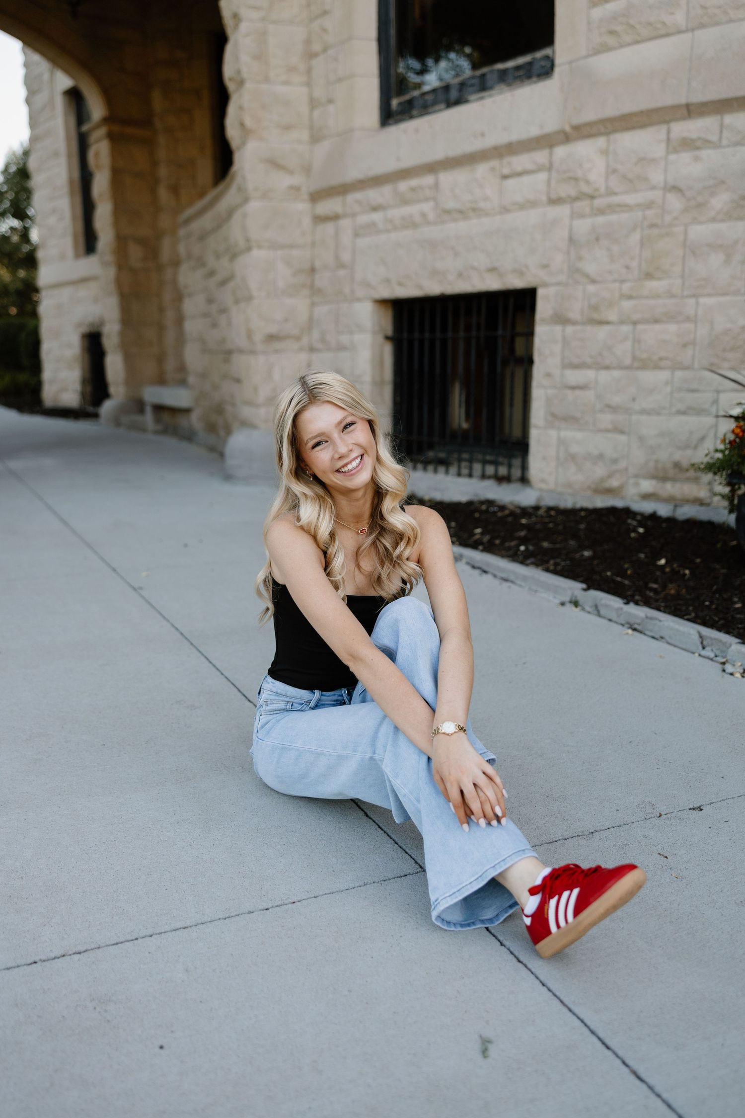 Series of casual lifestyle photos taken against a stone building exterior.