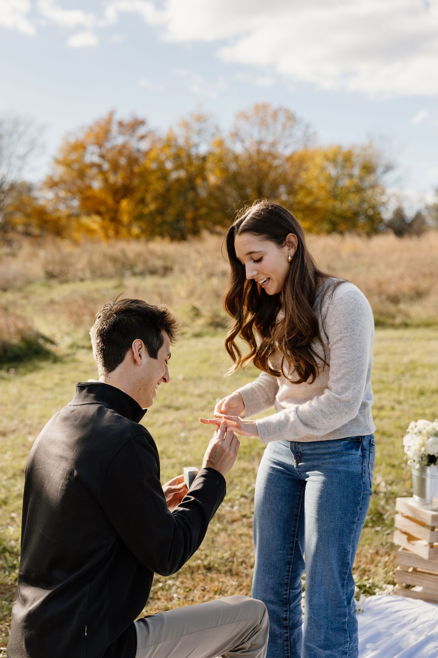 Candid moments of a couple during their engagement proposal on a picnic blanket.