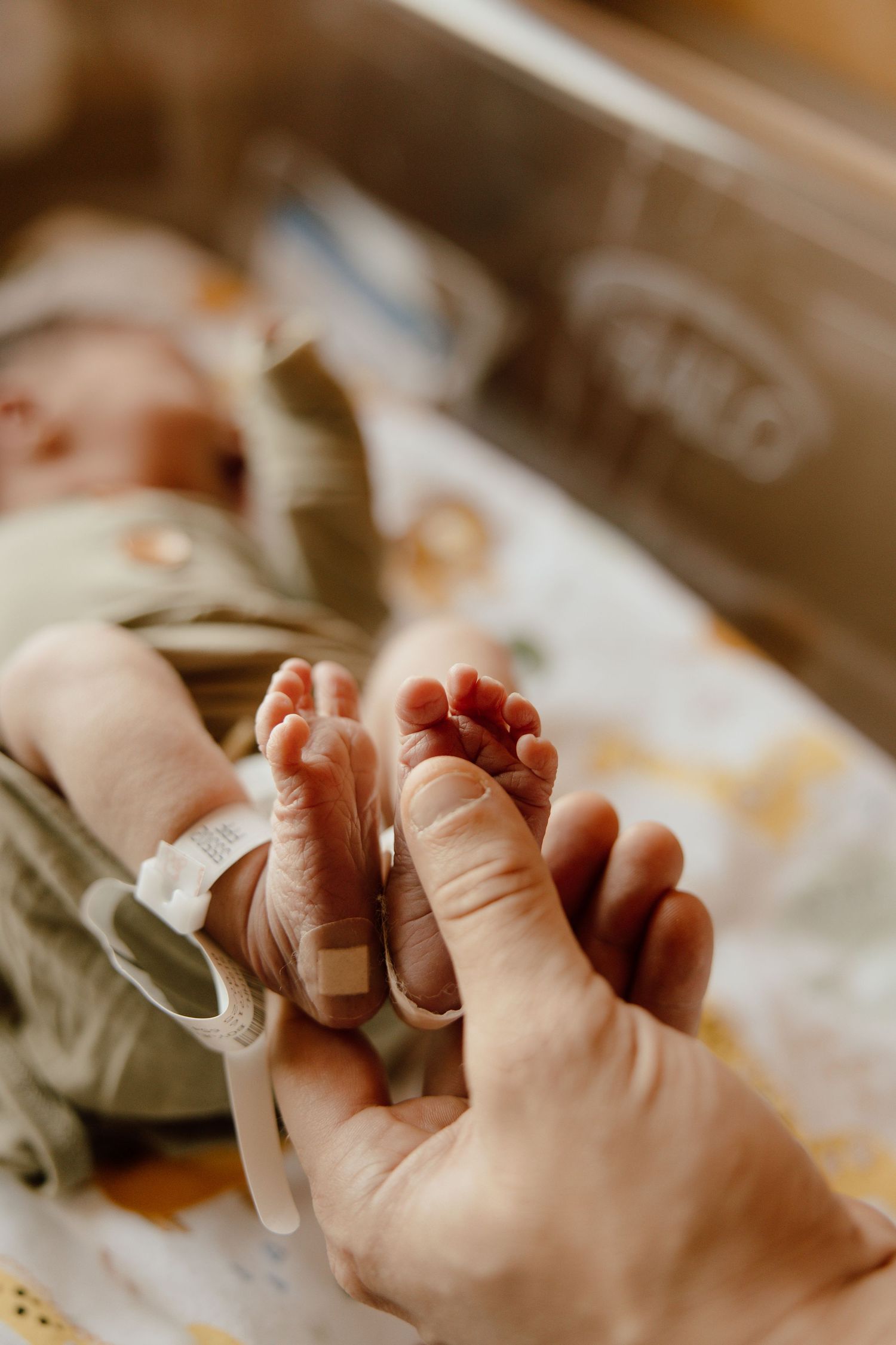 Close-up of tiny newborn baby feet being held by adult hand in hospital setting.