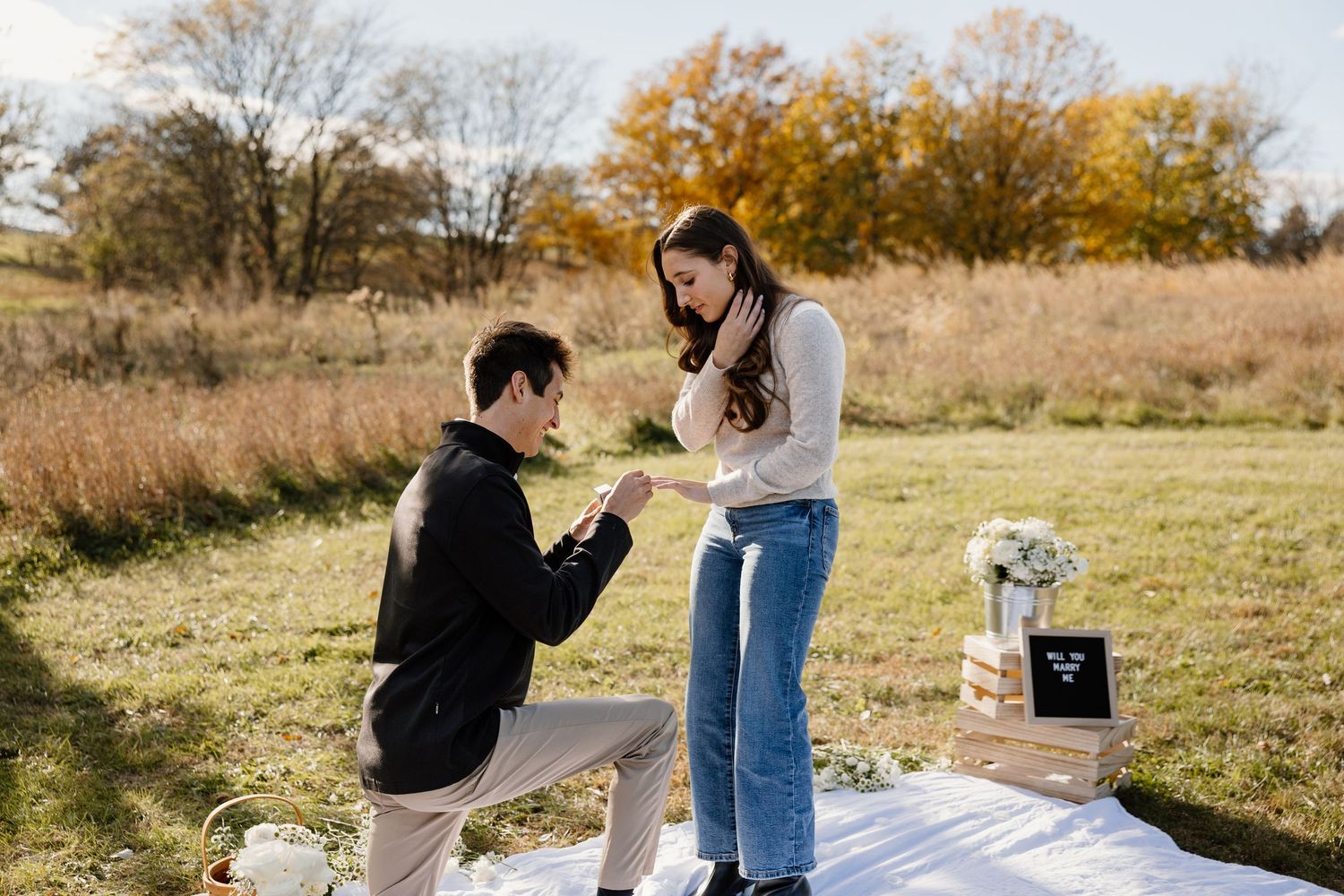 Series showing a couple's emotional reaction during an outdoor proposal.