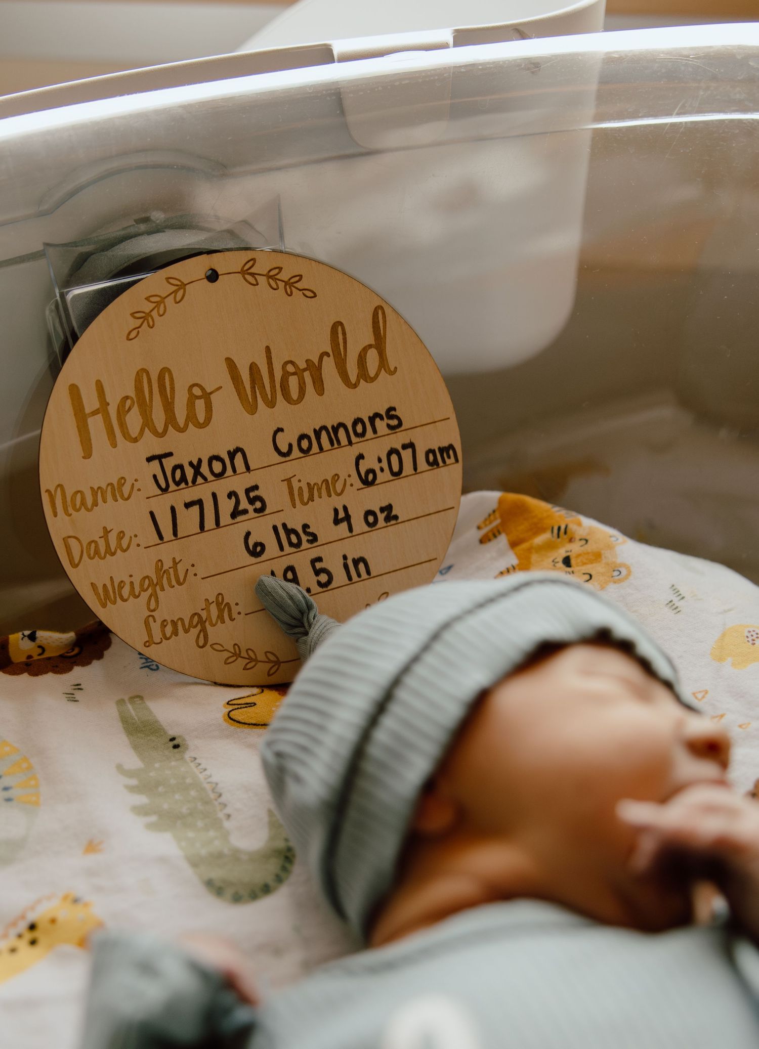A wooden circular birth announcement plaque reading 'Hello World' next to a sleeping newborn in a mint hat.