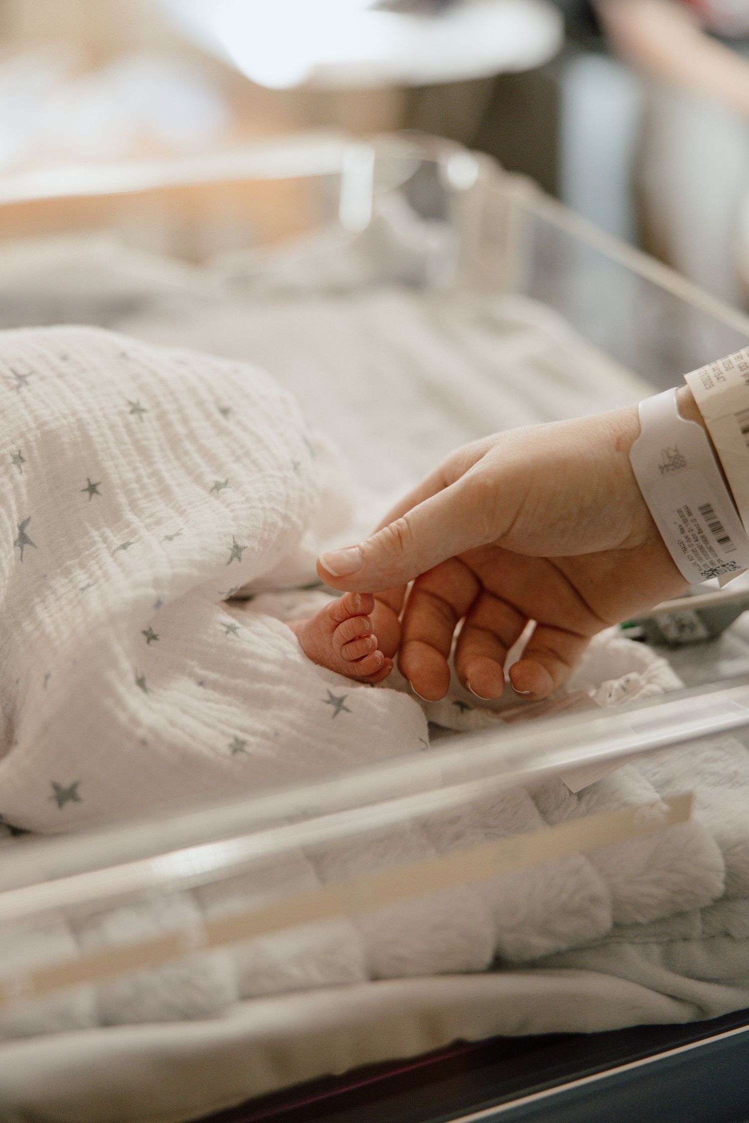 Close-up of tiny newborn hands wrapped in hospital blanket.