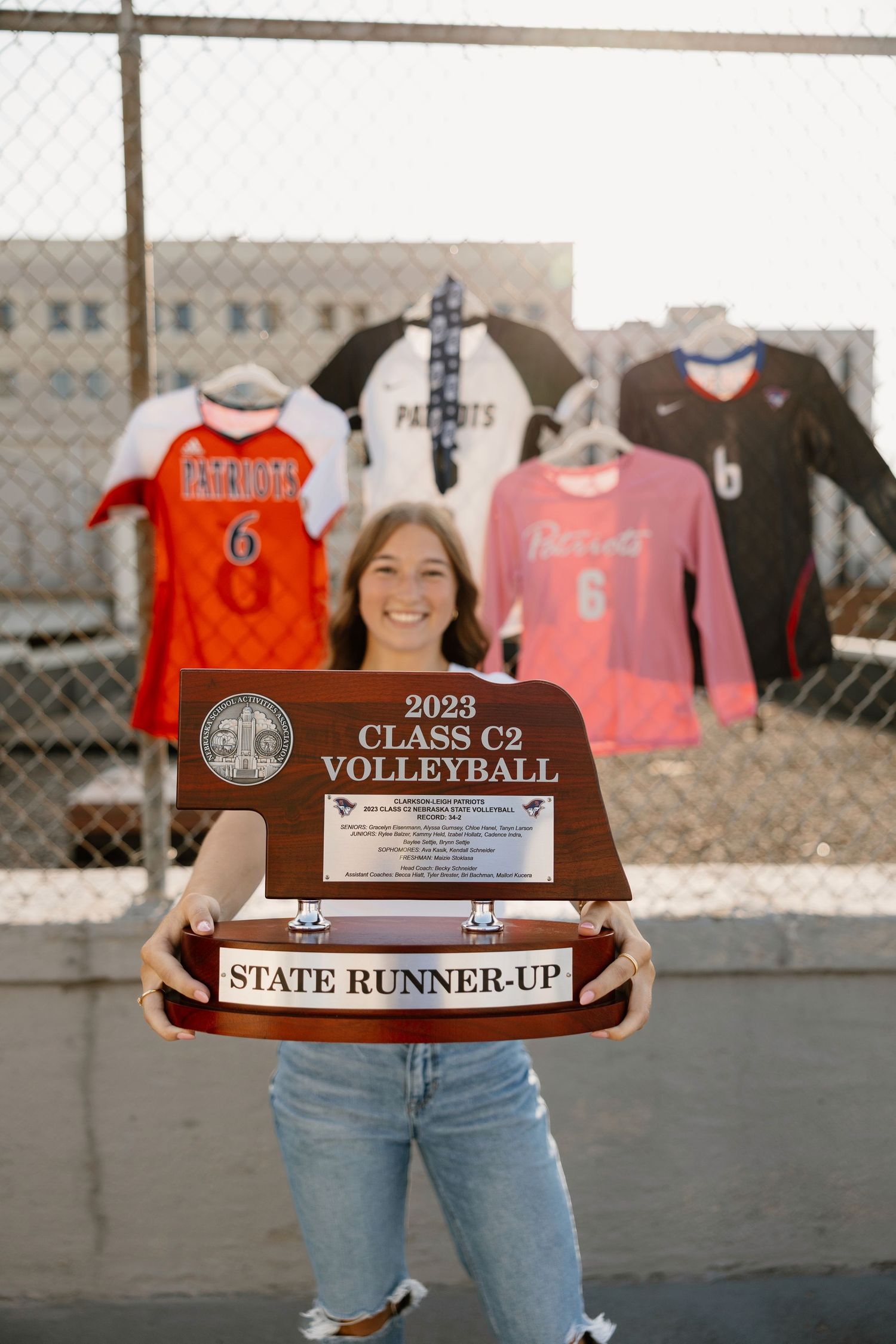 State runner-up volleyball trophy from 2023 displayed outdoors.