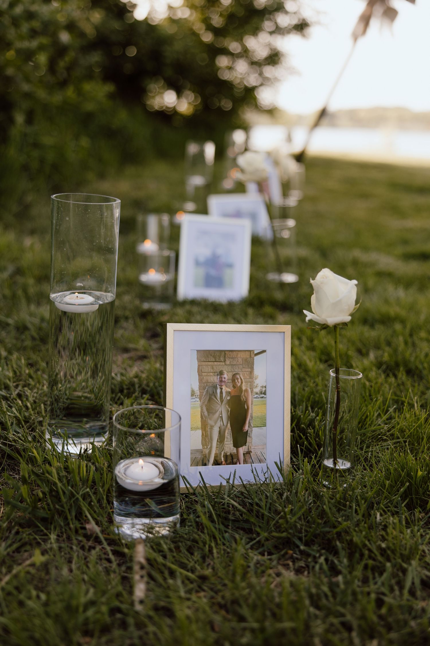 Framed photos and glasses arranged on grass during outdoor celebration.