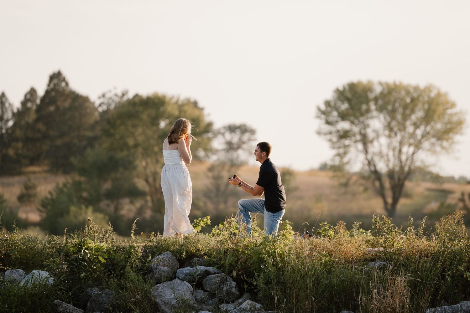 Scenic proposal moment photographed from afar on a hilltop during golden hour.