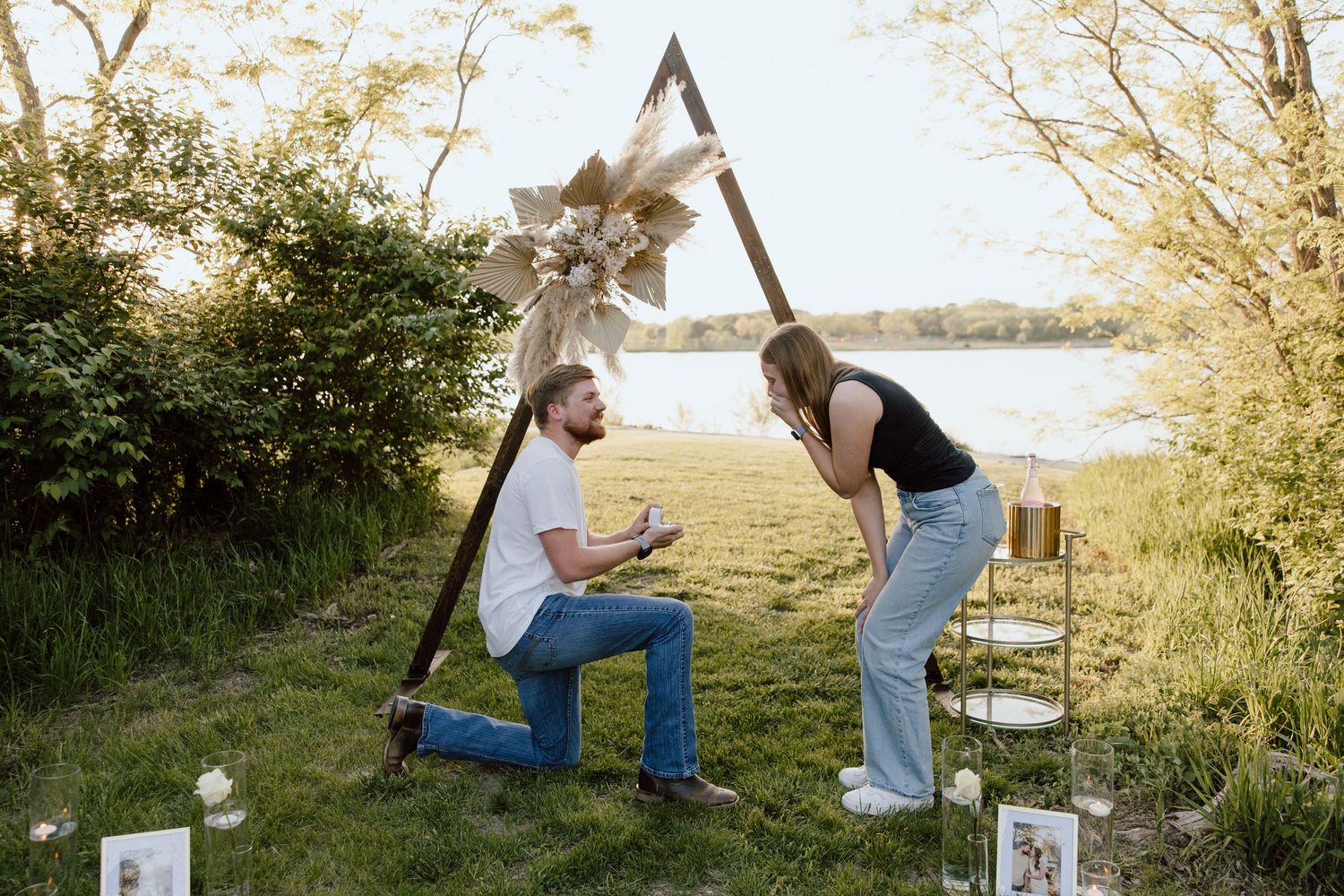 Surprise proposal moment captured in a series of photos at sunset in Nebraska