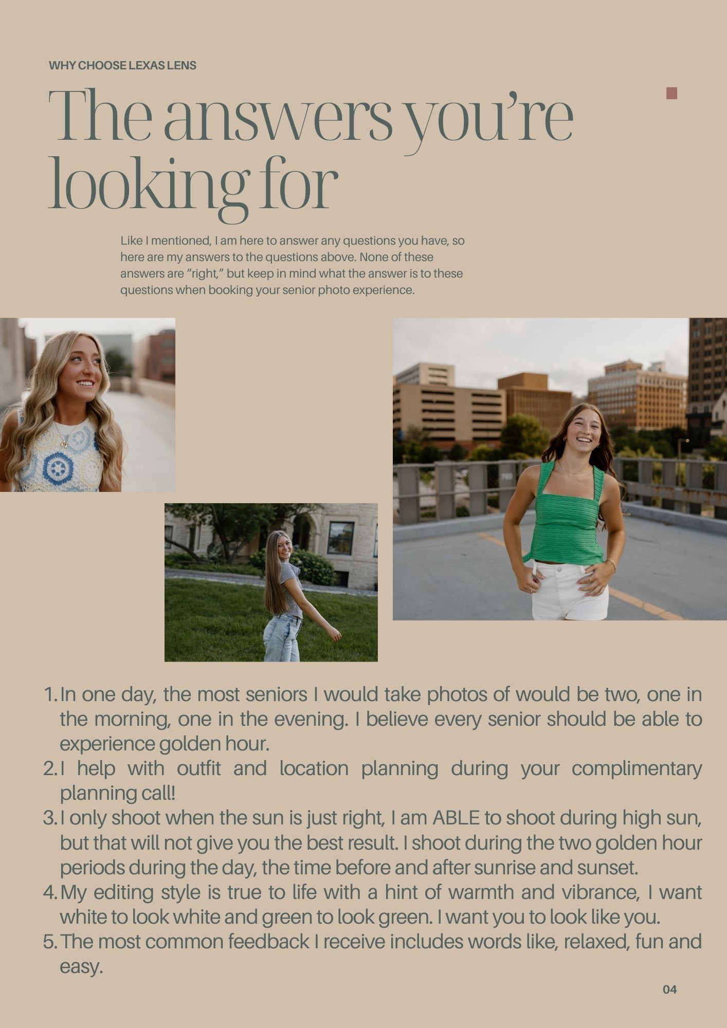 A photo album layout shows multiple images of outdoor portrait photography sessions at sunset in an urban setting.