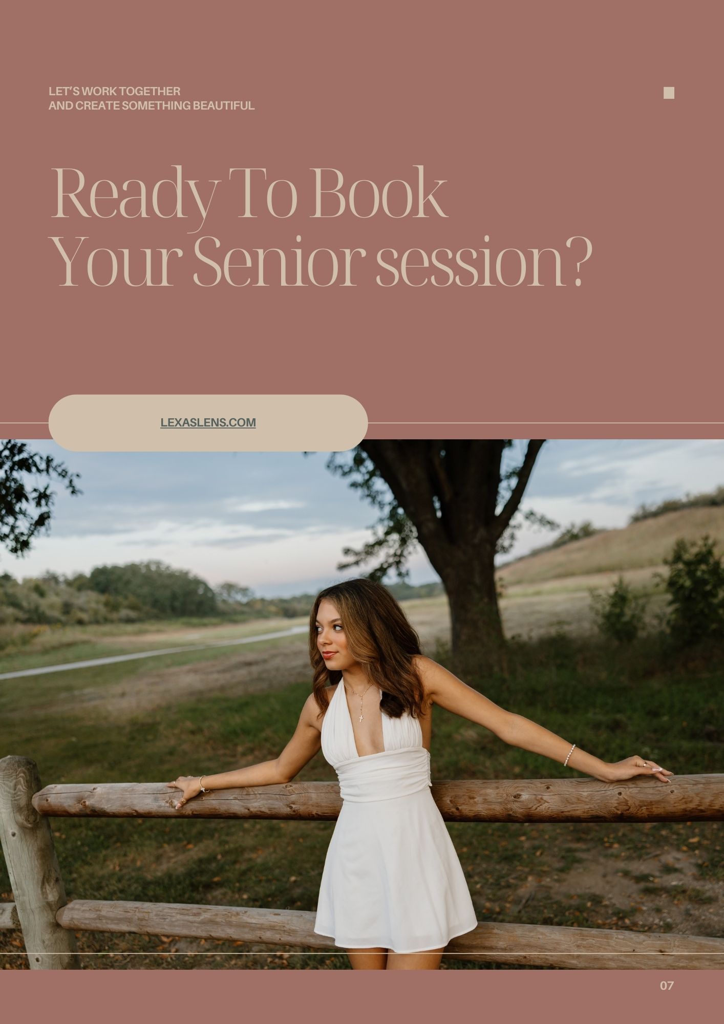 Scenic outdoor senior photo session with white dress against rolling hills and rustic fence at sunset.
