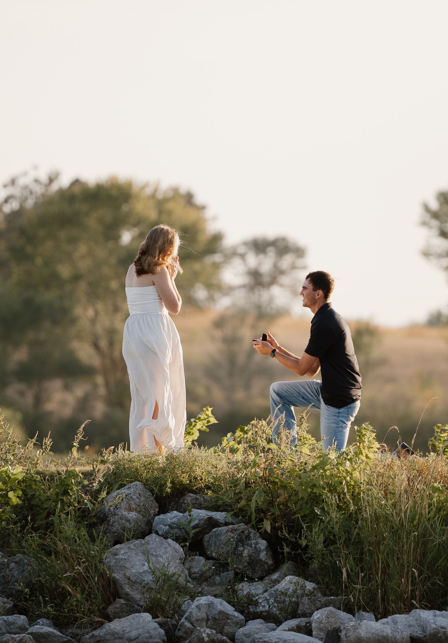 Marriage proposal sequence captured at sunset on rocky terrain with wildflowers.