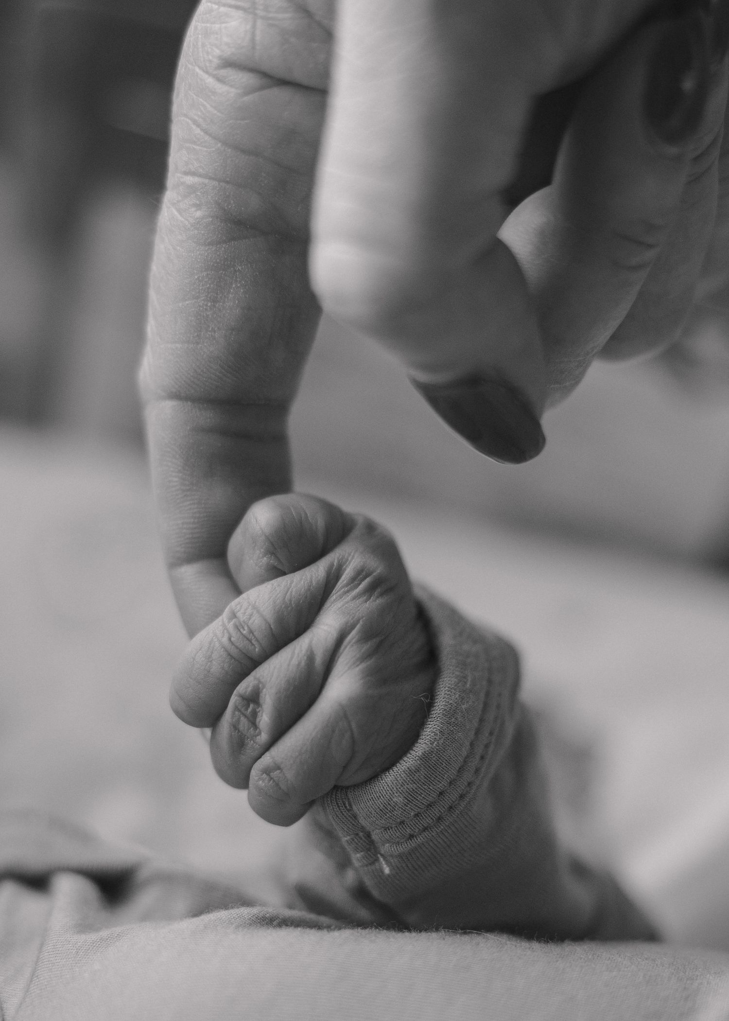 A small baby's hand grasps an adult's finger in an intimate black and white photograph.
