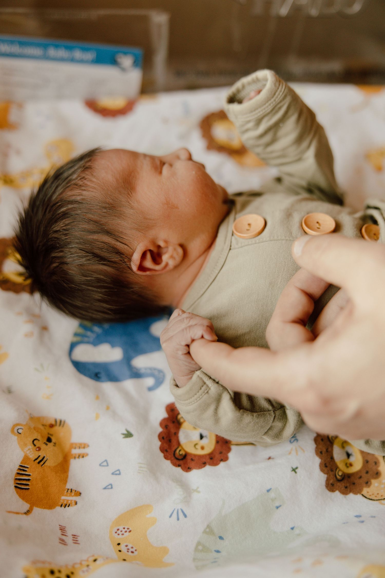 Baby lying on colorful animal print blanket wearing gray button-up outfit while someone touches their chest.