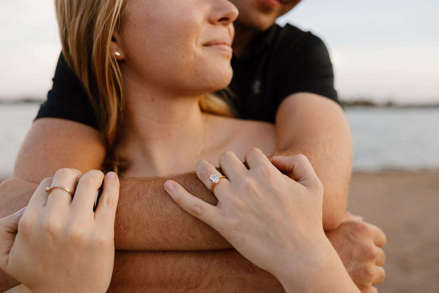 Close-up shots of a couple embracing and showing affection outdoors.