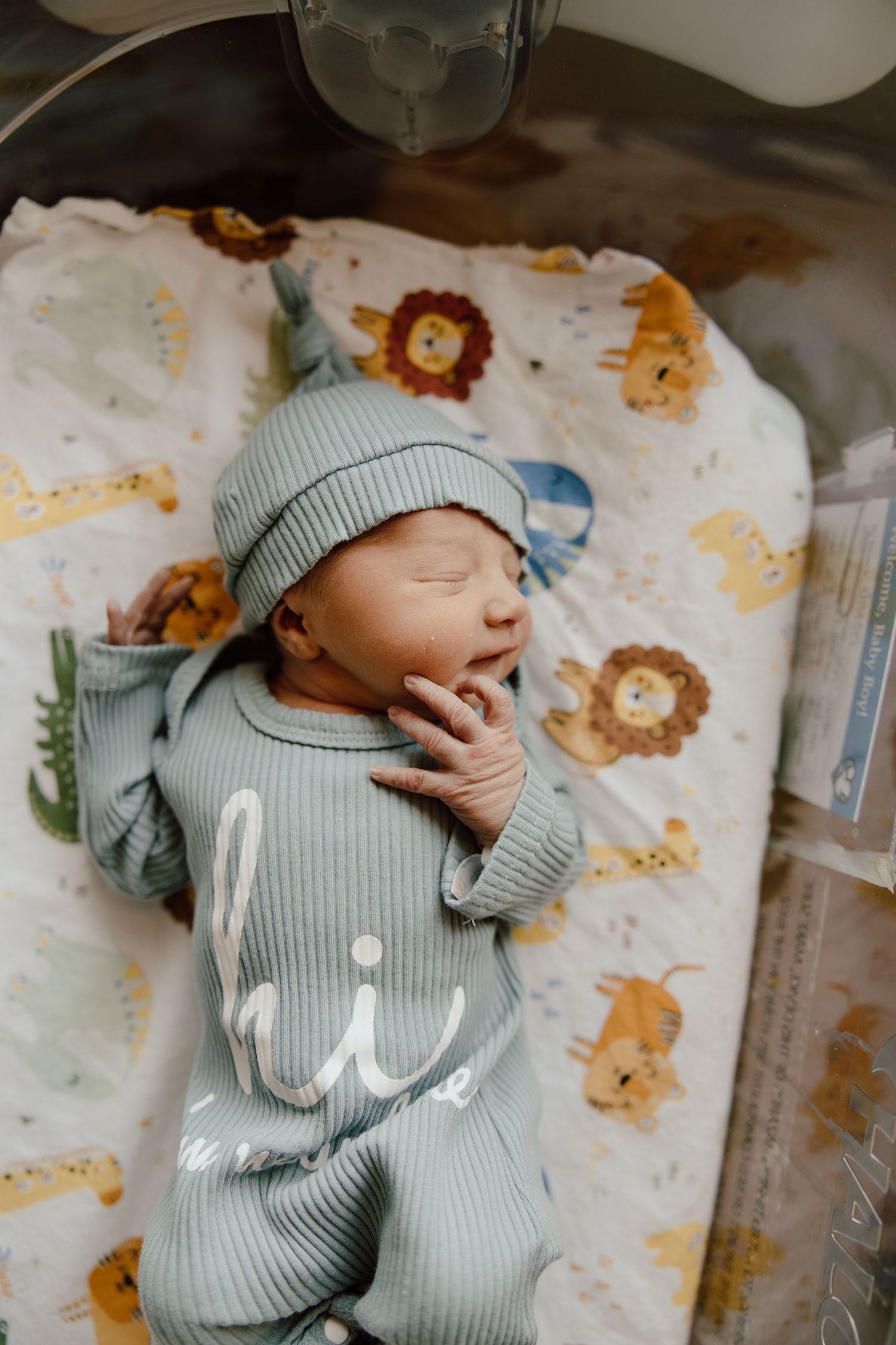 Baby in mint green sleeper rests peacefully on animal print blanket.