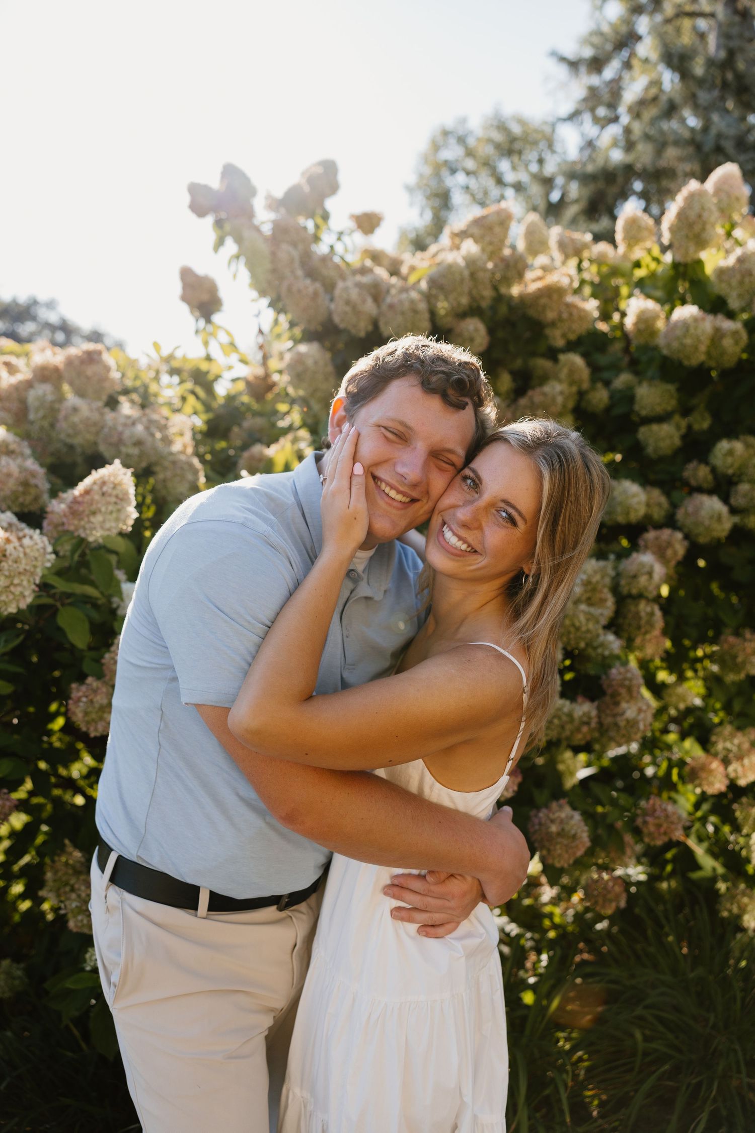 A loving couple poses together against a backdrop of blooming hydrangea bushes.