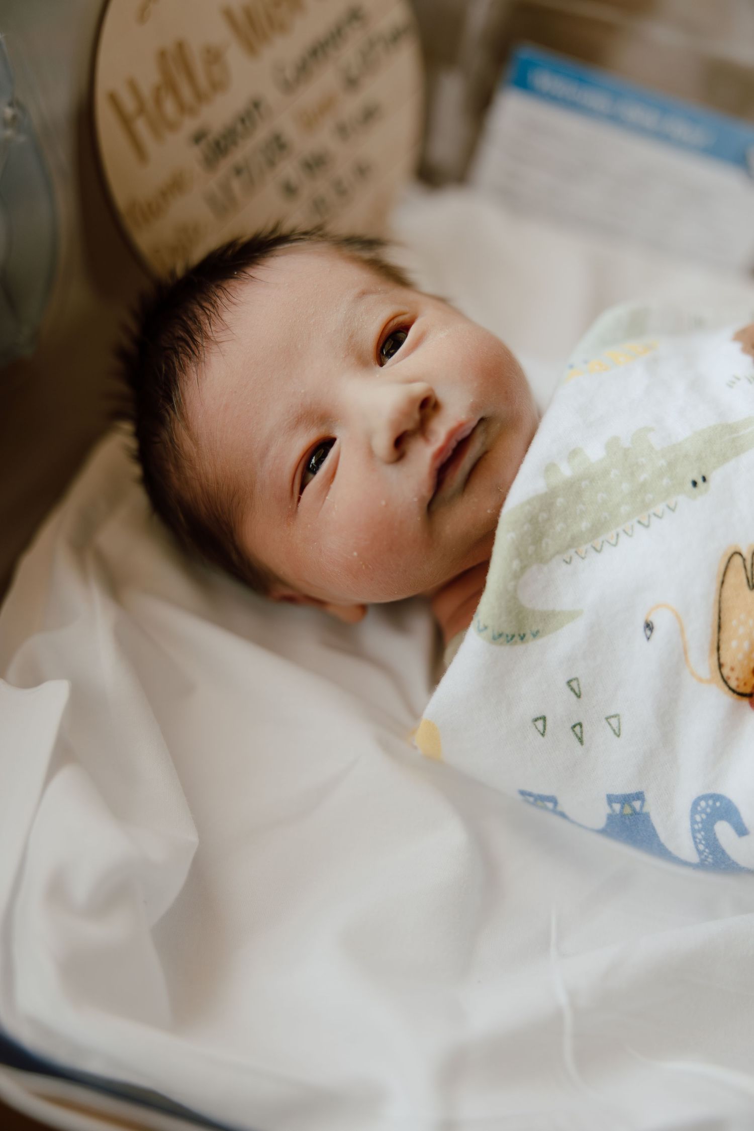 Newborn baby lying in hospital bassinet with Hello milestone card and patterned blanket.