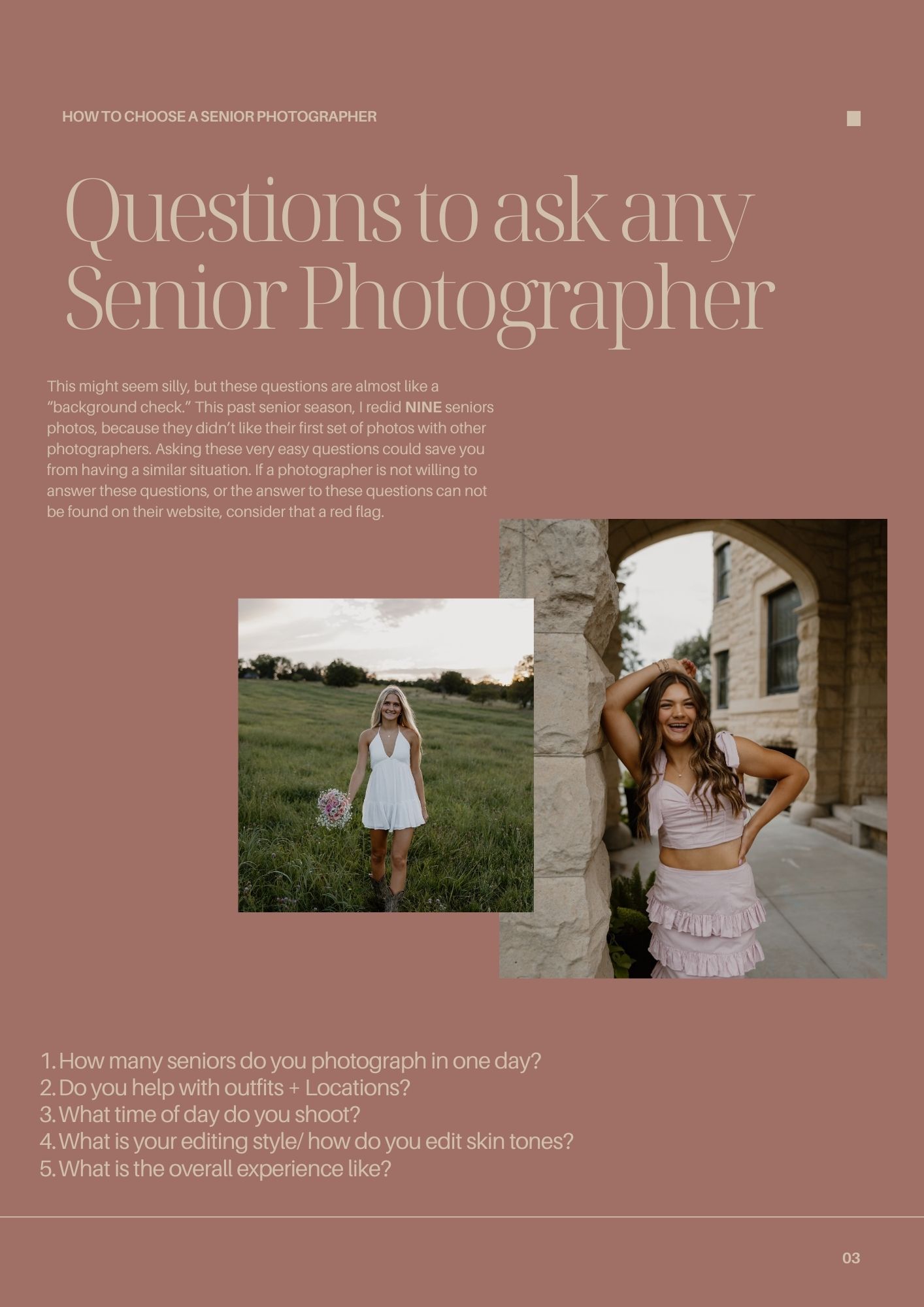 A photography guide page showing two outdoor photo examples and text about questions to ask senior photographers.