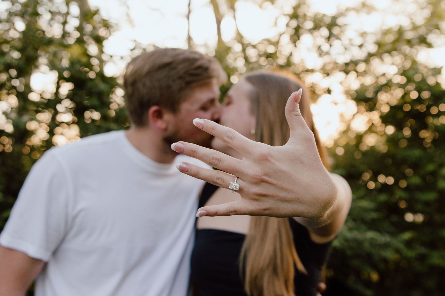 A series of joyful reaction shots during a romantic outdoor proposal.