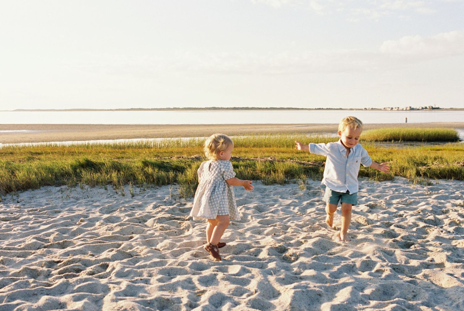 Scenic beach landscape with sand dunes and marsh grass at golden hour.