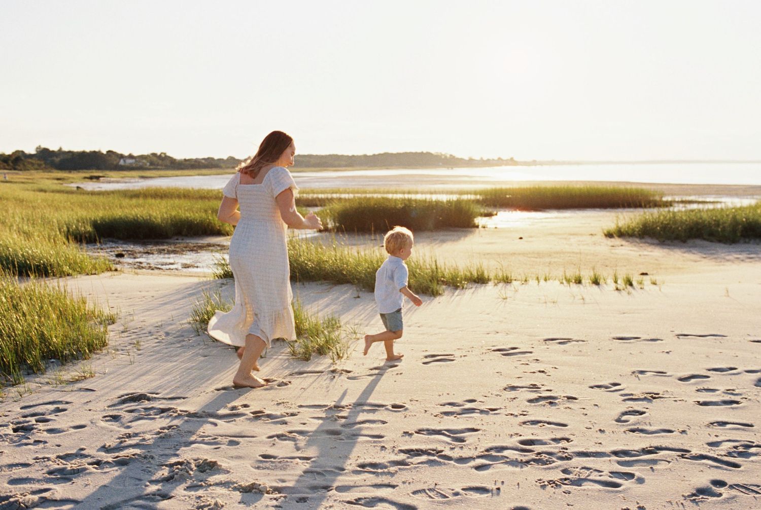 Group strolling along peaceful beach shoreline during golden hour with marsh grass visible.