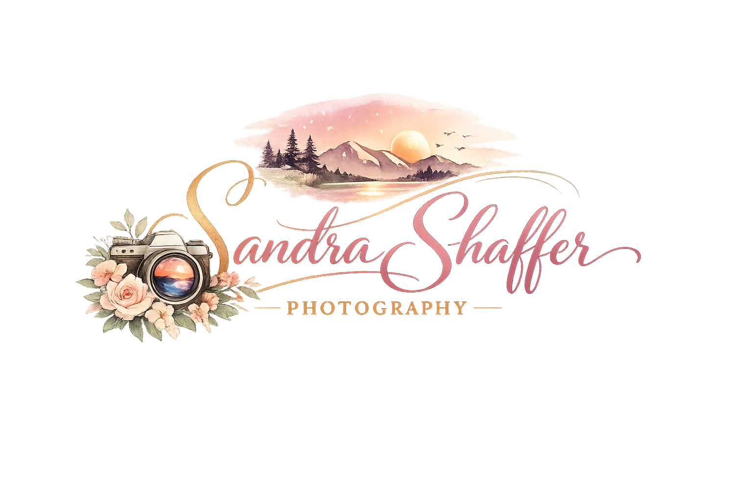 Watercolor photography logo for Sandra Shaffer Photography featuring mountains, sunset, and a floral camera design.