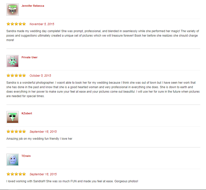 Multiple 5-star ratings and written testimonials for photography services.
