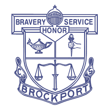 Blue and white academic crest showing bravery, service and honor for Brockport institution.