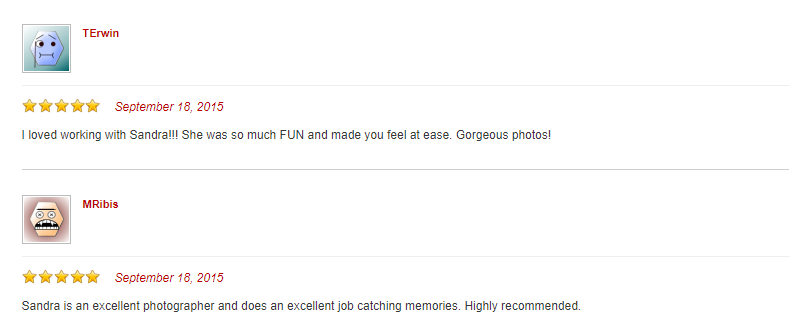 Customer review giving 5 stars and highlighting excellent capture of memories.