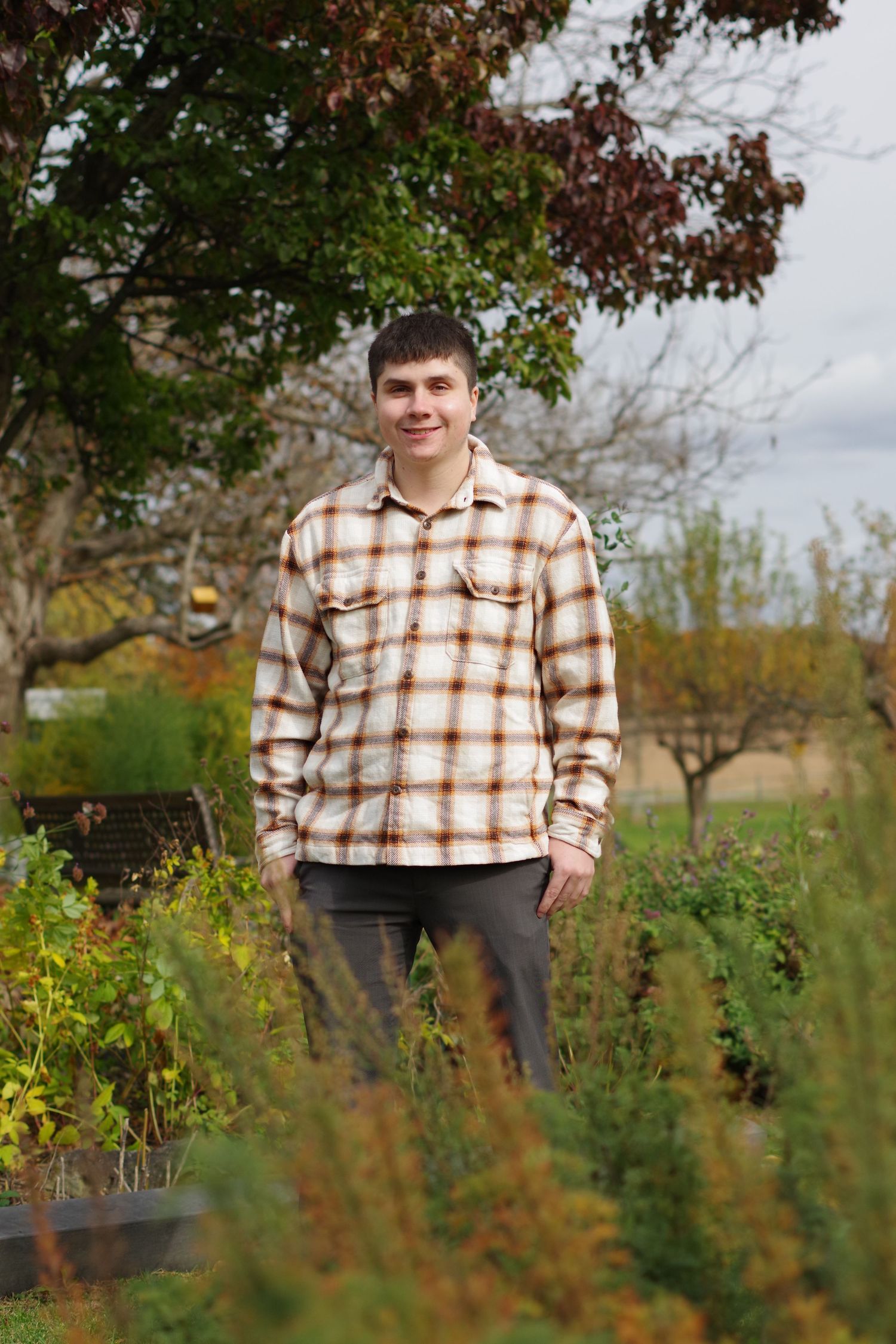 Person in plaid flannel shirt standing among garden plants in autumn.