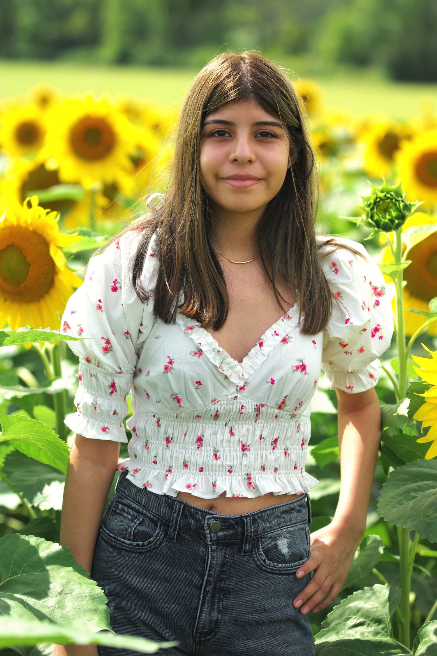 Summer portrait in sunflower field wearing floral crop top and jeans.