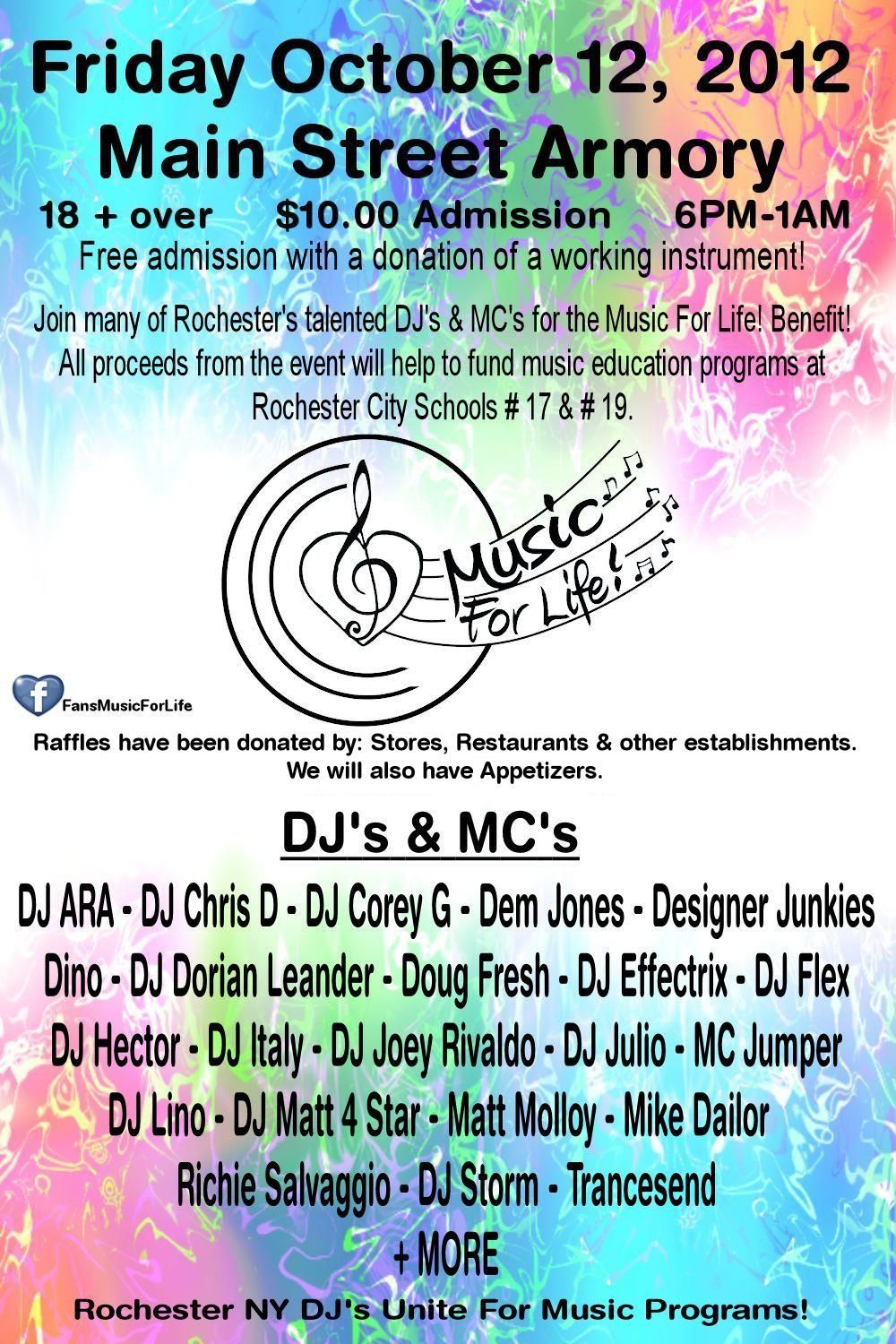 Music event flyer with colorful watercolor background advertising DJs and entertainment.