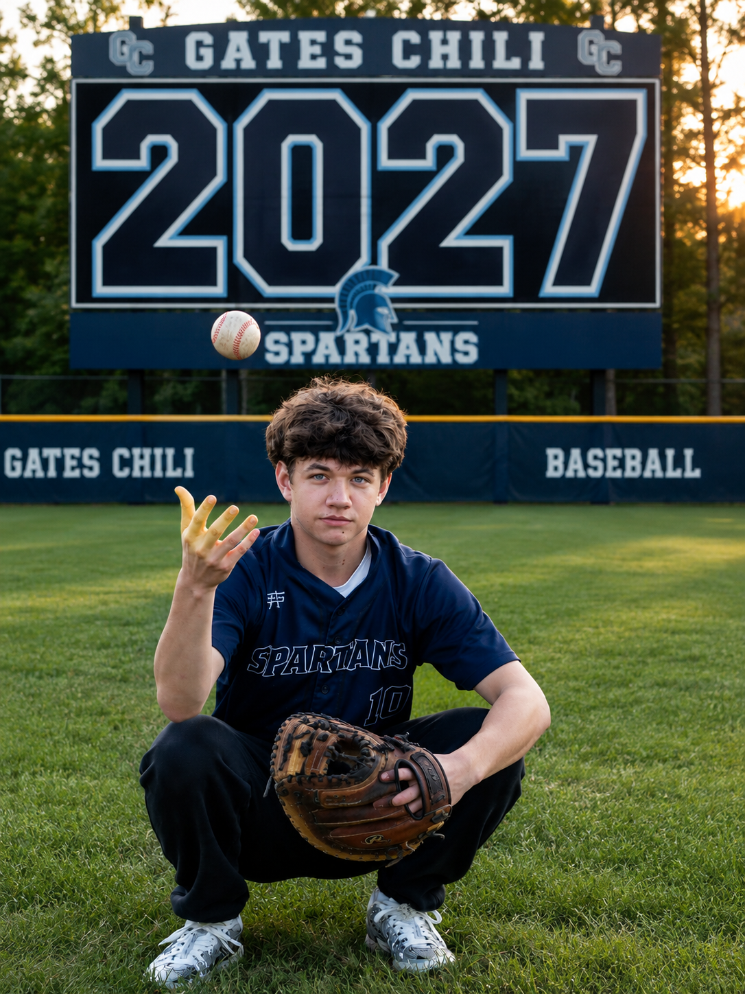 Gates Chili Spartans baseball player crouching on field tossing ball with 2027 scoreboard sign behind him.