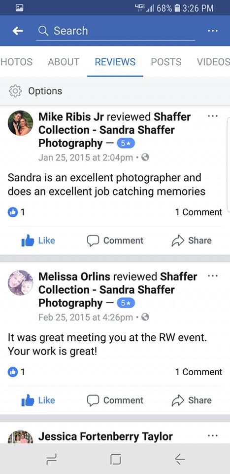 Mobile screenshot showing multiple Facebook reviews for photography services.