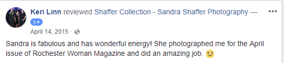 Facebook review mentioning Rochester Woman Magazine photography session.